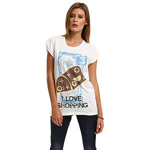 Happiness is a $10 Tee "I Love Shopping" Çanta Baskılı Beyaz Tişört