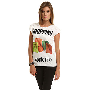 Happiness is a $10 Tee "Shopping Addicted" Yazılı Beyaz Tişört