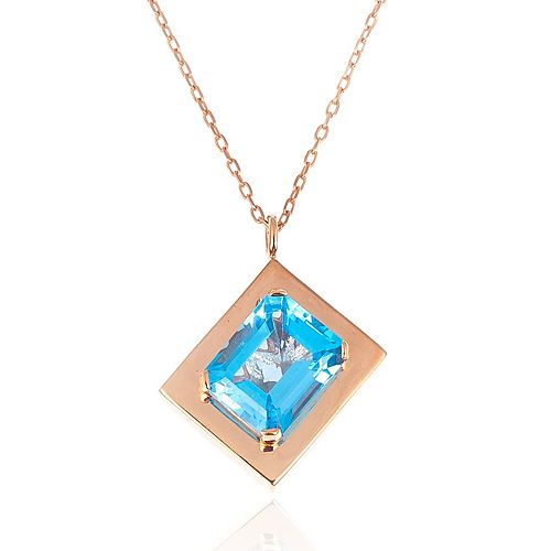 Merve Baal    Doğal Swiss Blue Topaz Taşlı Kare Kolye