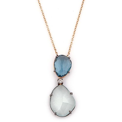 Q‘te Diamond    Blue Topaz&Moonstone Pırlantalı Kolye