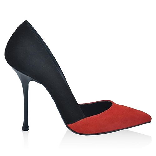 LeSille Siyah Kırmızı Süet Düşük Dekolteli Stiletto Ayakkabı