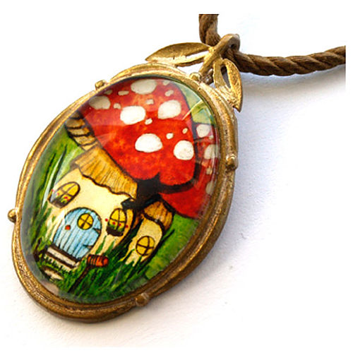 Mainili Mushroom Fairy House Bronze Art Pendant