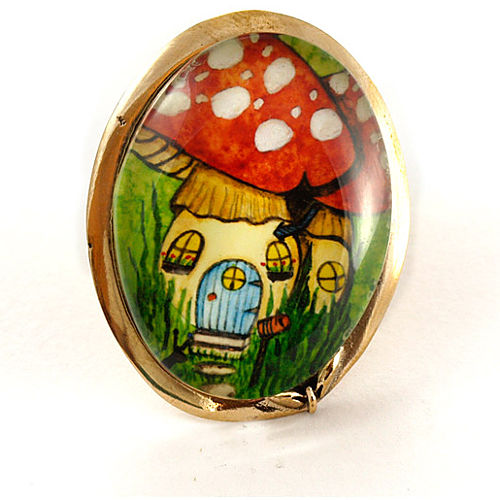 Mainili Mushroom Fairy House Bronze Brooch