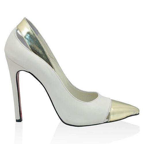 LeSille Beyaz Deri & Dore Ayna Deri Stiletto Ayakkabı