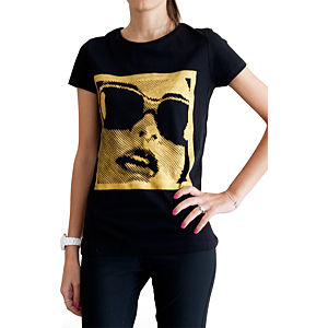 2bTrendy Altın Rengi Kız Desenli Siyah T-Shirt
