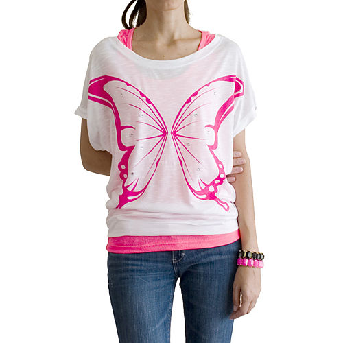 2bTrendy Pembe Kelebekli Beyaz T-Shirt