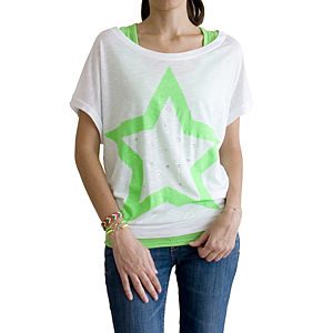 2bTrendy Yeşil Yıldız Desenli Beyaz T-Shirt