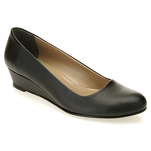 Mecrea Shoes Siyah Deri Alçak Dolgu Topuk Ayakkabı